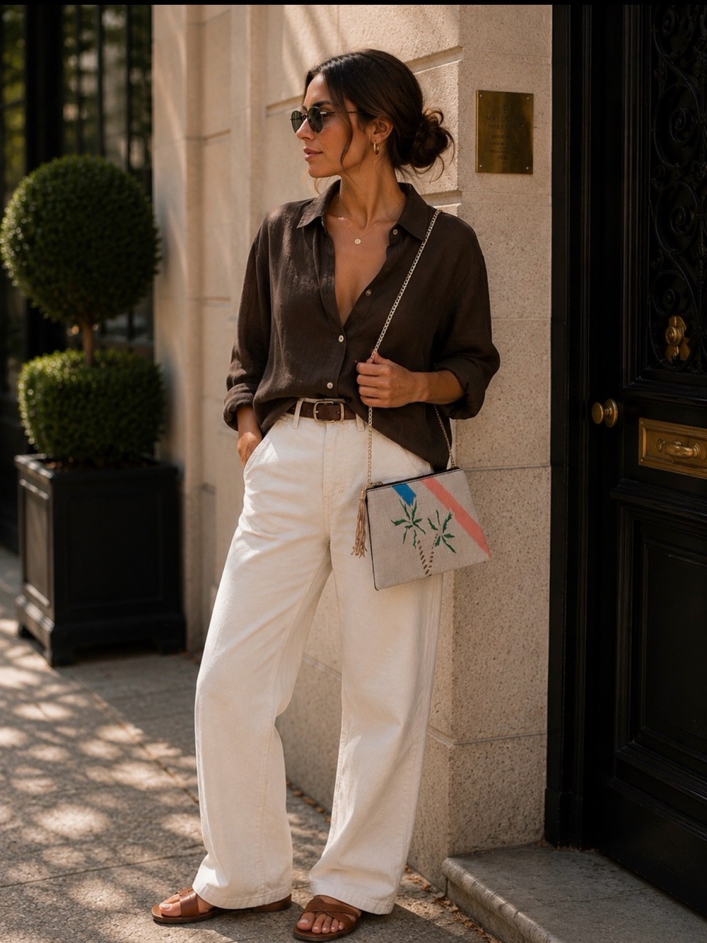 Beige Linen Palm-Embroidered Crossbody Clutch - Unbranded